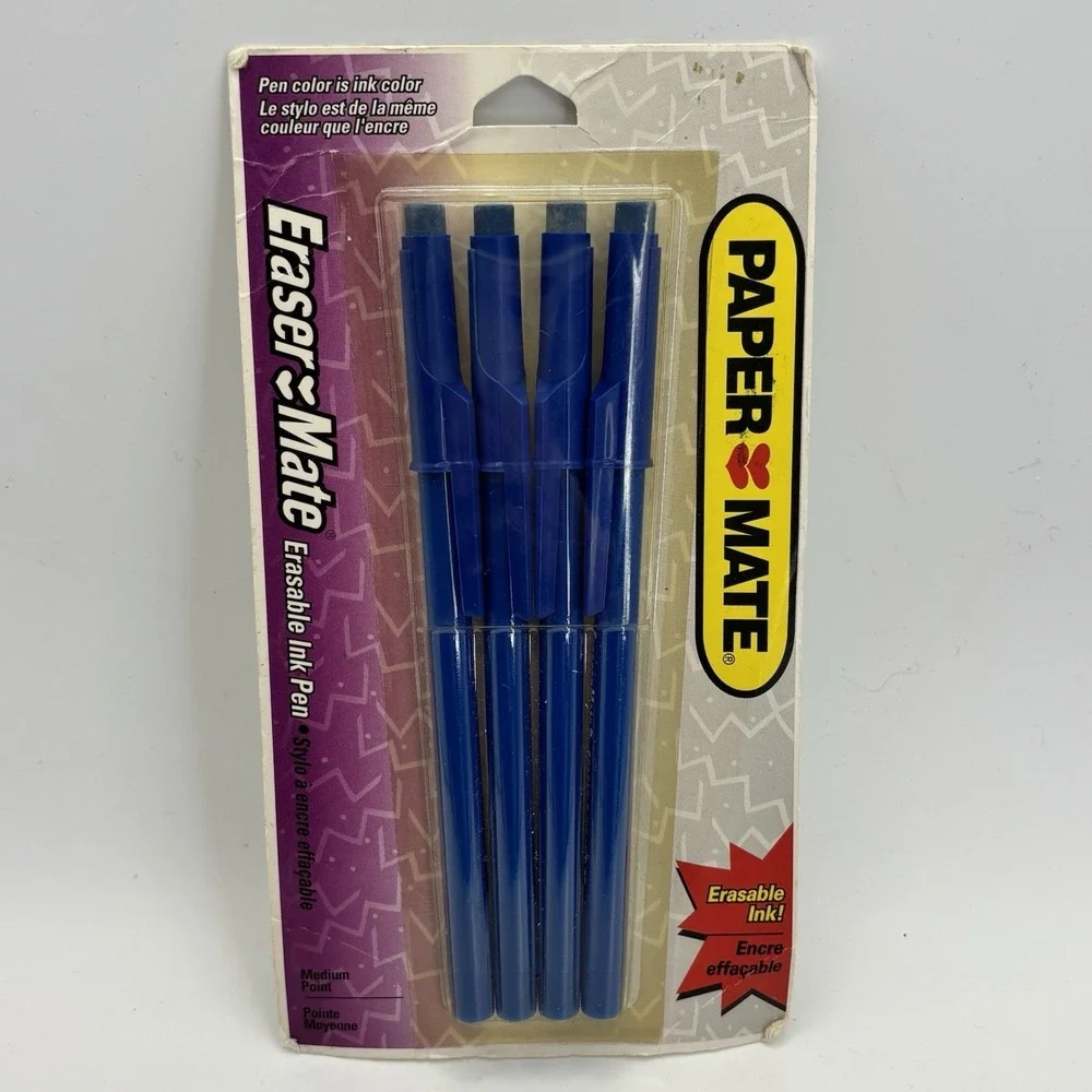 Vintage Paper Mate‎ Eraser Mate Erasable Pens Medium Point Blue Ink 1996 NOS